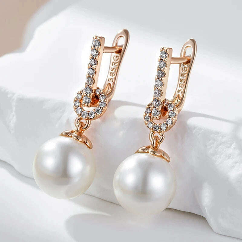 KIMLUD, Wbmqda Elegant Pearl Drop Earrings for Women 585 Rose Gold Color With Natural Zircon Luxury Wedding Party Fine Jewelry, KIMLUD Womens Clothes