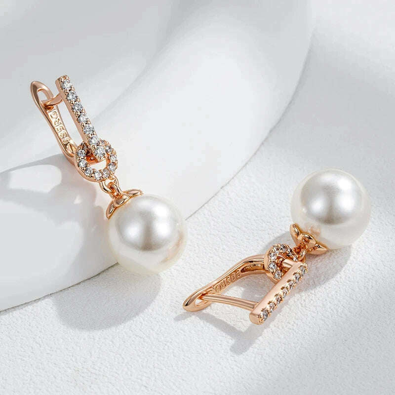 Wbmqda Elegant Pearl Drop Earrings for Women 585 Rose Gold Color With Natural Zircon Luxury Wedding Party Fine Jewelry - KIMLUD