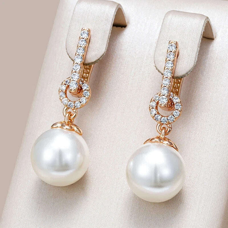 KIMLUD, Wbmqda Elegant Pearl Drop Earrings for Women 585 Rose Gold Color With Natural Zircon Luxury Wedding Party Fine Jewelry, KIMLUD Womens Clothes