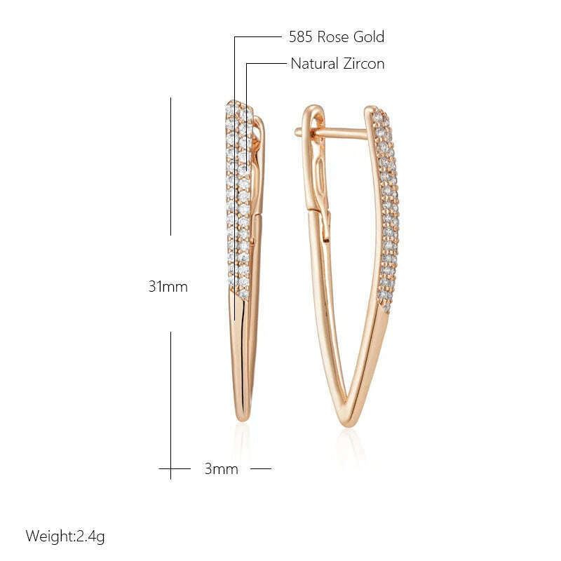 KIMLUD, Wbmqda Luxury Fashion V Shape Drop Earrings For Women 585 Rose Gold Color With White Natural Zircon Wedding Party Best Jewelry, KIMLUD Womens Clothes