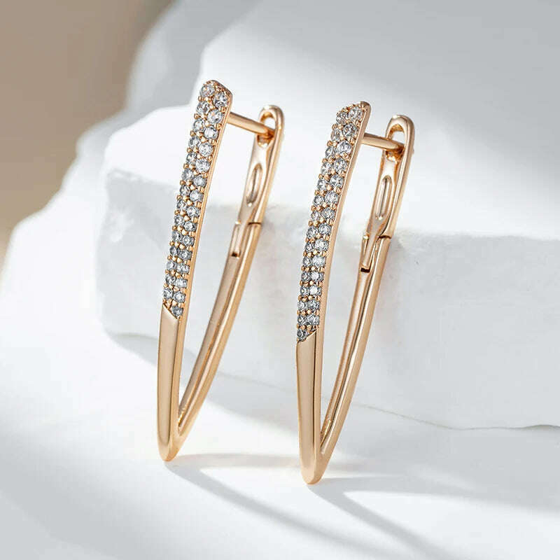 KIMLUD, Wbmqda Luxury Fashion V Shape Drop Earrings For Women 585 Rose Gold Color With White Natural Zircon Wedding Party Best Jewelry, KIMLUD Womens Clothes