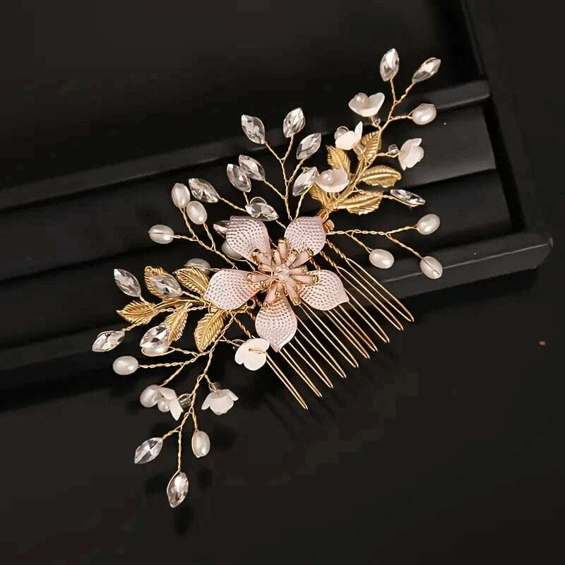 Wedding Bridal Wreath Comb Pearl Gold Long Hair Vine Hair Accessory Flower Rhinestone Handmade Tiara Headpiece - KIMLUD