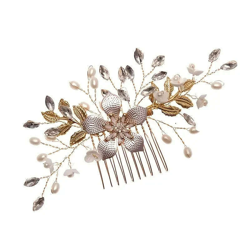 Wedding Bridal Wreath Comb Pearl Gold Long Hair Vine Hair Accessory Flower Rhinestone Handmade Tiara Headpiece - KIMLUD