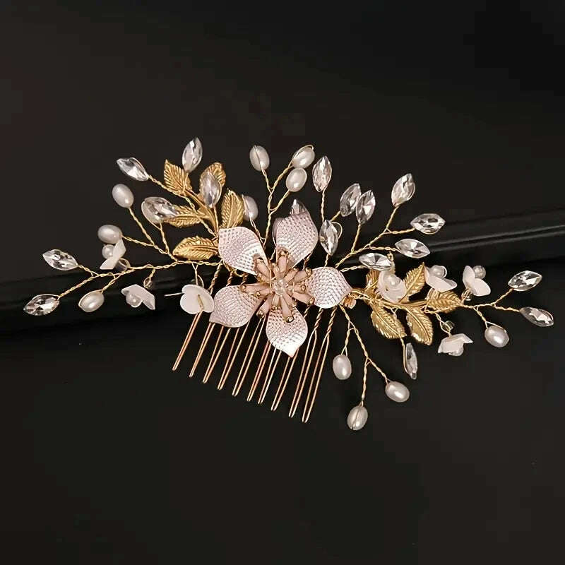 KIMLUD, Wedding Bridal Wreath Comb Pearl Gold Long Hair Vine Hair Accessory Flower Rhinestone Handmade Tiara Headpiece, KIMLUD Womens Clothes