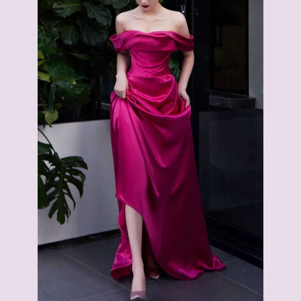 KIMLUD, Wedding Elegant Party Dresses for Women 2023 Autumn Casual Evening Korean Style Midi Dress Female Slash Neck Vintage Dresses New, Rose Red / M, KIMLUD APPAREL - Womens Clothes