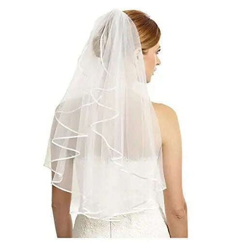 KIMLUD, Wedding Simple Tulle White Ivory Two Layers Bridal Veils Ribbon Edge Cheap Bride Accessories 75cm Short Women Veil With Comb, KIMLUD Womens Clothes