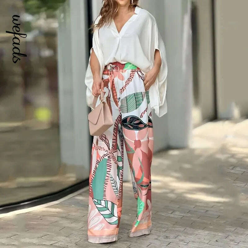 KIMLUD, Wefads Two Piece Set Summer Casual Solid V Neck Batwing Sleeve Loose Top Wide Legs Printed Stretch Waist Pants Sets Streetwear, Picture Color / M, KIMLUD APPAREL - Womens Clothes