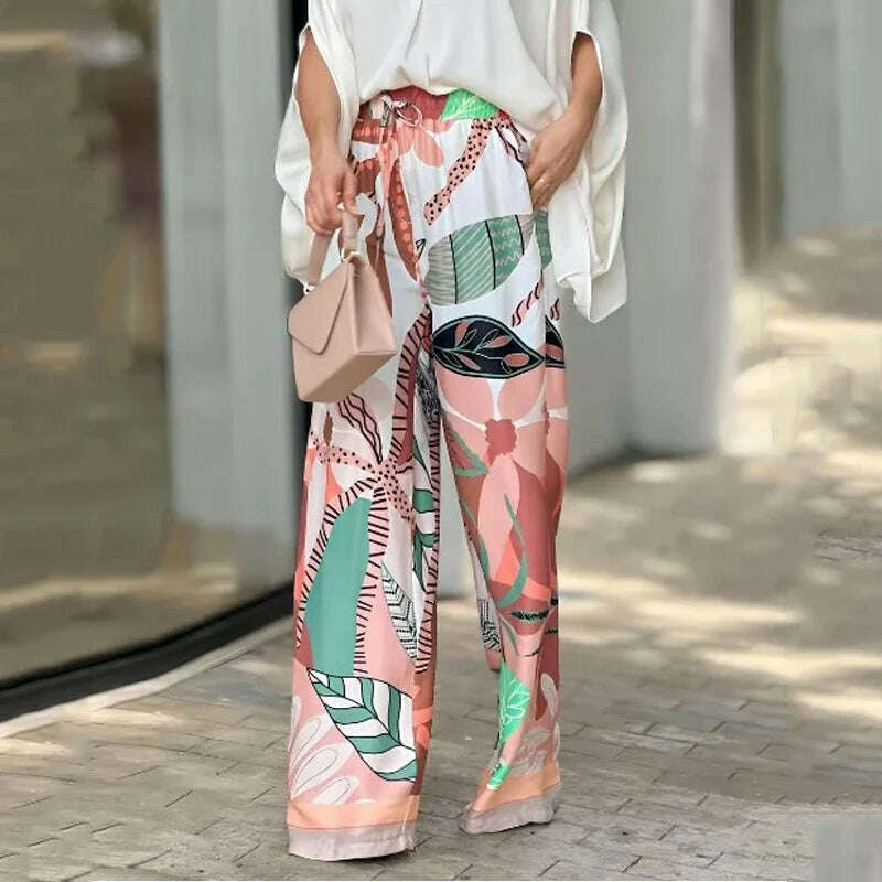 KIMLUD, Wefads Two Piece Set Summer Casual Solid V Neck Batwing Sleeve Loose Top Wide Legs Printed Stretch Waist Pants Sets Streetwear, KIMLUD Womens Clothes