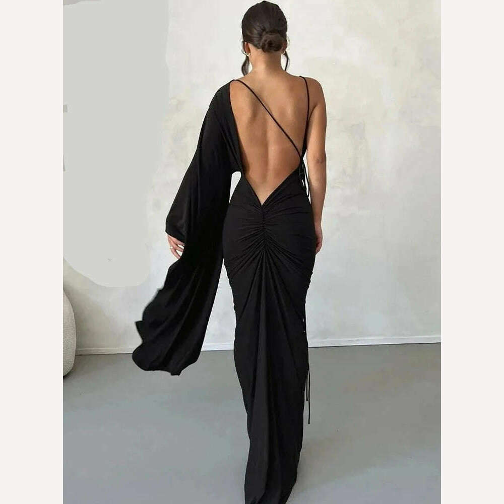 KIMLUD, Weird Puss Backless Bandage Women Hip Dress v Neck One Shoulder Ruffles Bodycon 2023 Ladies Fashion Party Stage Performance Wear, black / S, KIMLUD APPAREL - Womens Clothes