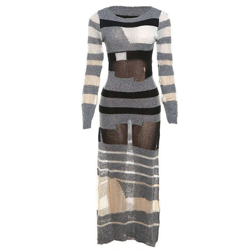 KIMLUD, Weird Puss Knit See Through Dress Women Stripe Patchwork Long Sleeve o-Neck Maxi Bodycon Stretch Skinny Sexy Midnight Vestidos, GRAY / S, KIMLUD APPAREL - Womens Clothes