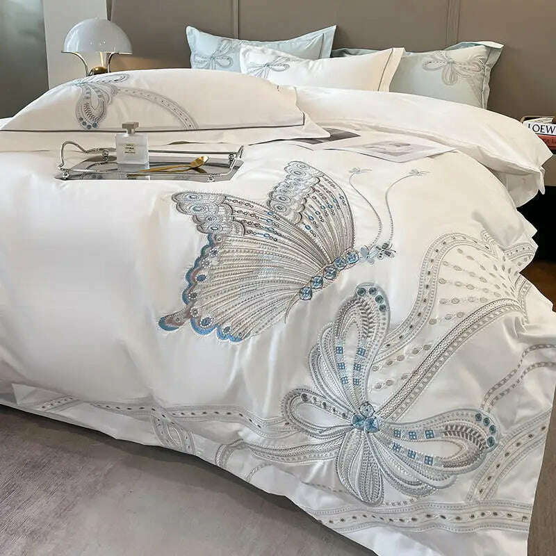 KIMLUD, White Egypt Cotton Luxury Butterfly Embroidery Bedding Set Duvet Cover Bed Linen Sheet Pillowcase Double King Size Quilt Covers, White / Queen Size 4pcs / Flat Bed Sheet, KIMLUD APPAREL - Womens Clothes