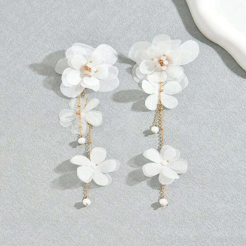 White Fabric Flower Drop Earrings For Women Gold Plating Chain Long Tassel Faceted Acrylic Beads Dangle Earrings Trendy Jewelry - KIMLUD