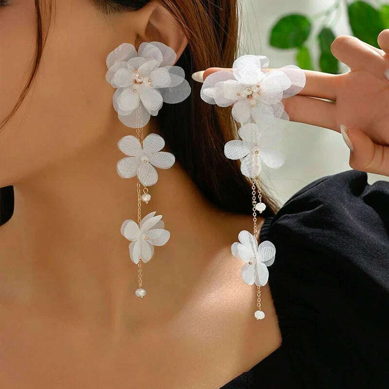 White Fabric Flower Drop Earrings For Women Gold Plating Chain Long Tassel Faceted Acrylic Beads Dangle Earrings Trendy Jewelry - KIMLUD