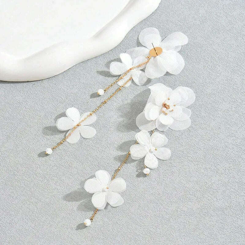 White Fabric Flower Drop Earrings For Women Gold Plating Chain Long Tassel Faceted Acrylic Beads Dangle Earrings Trendy Jewelry - KIMLUD