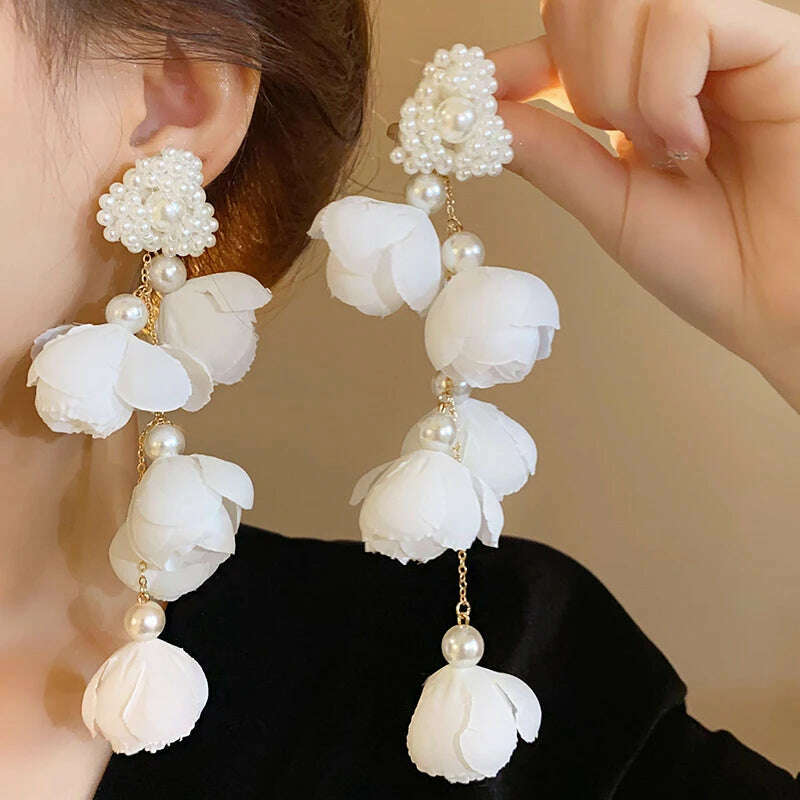 White Flower Long Fringe Earrings Imitation Pearl Crystal Dangle Earrings For Women Girls Fashion Delicate Party Wedding Jewelry - KIMLUD