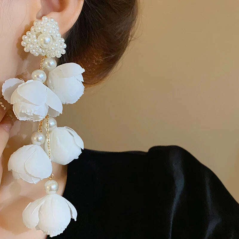 KIMLUD, White Flower Long Fringe Earrings Imitation Pearl Crystal Dangle Earrings For Women Girls Fashion Delicate Party Wedding Jewelry, KIMLUD Womens Clothes