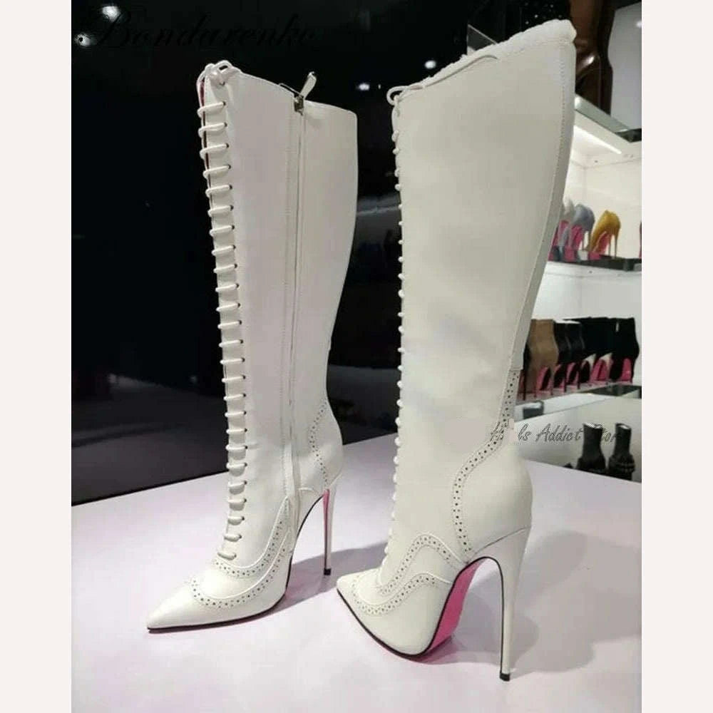 White Lace up Patent Leathe Knee High Boots Women Black Pointed Toe Stiletto Pink Sole Heels Boot Big Size Designer Shoes - KIMLUD