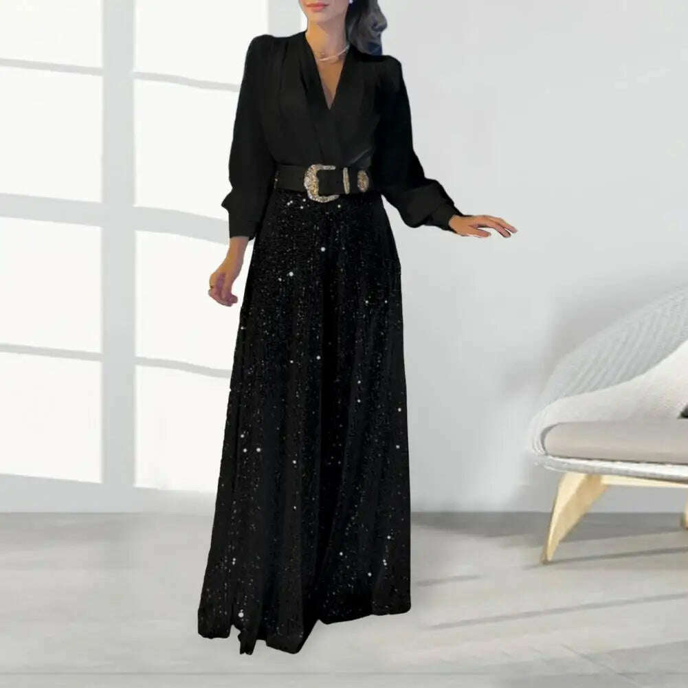 KIMLUD, Wide Leg Pants Rompers Female Elegant Temperament Evening Jumpsuits Sequin Fashion Shirt Jumpsuit Women Party V-Neck Long Sleeve, KIMLUD Womens Clothes