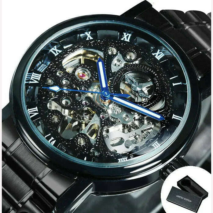 KIMLUD, WINNER Official Casual Skeleton Mechanical Watch For Men Steel Strap Roman Number Business Mens Watches Top Brand Luxury Clock, BO BLACK BLUE. / CHINA, KIMLUD APPAREL - Womens Clothes