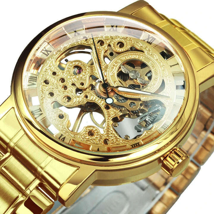 KIMLUD, WINNER Official Casual Skeleton Mechanical Watch For Men Steel Strap Roman Number Business Mens Watches Top Brand Luxury Clock, GOLDEN. / CHINA, KIMLUD APPAREL - Womens Clothes