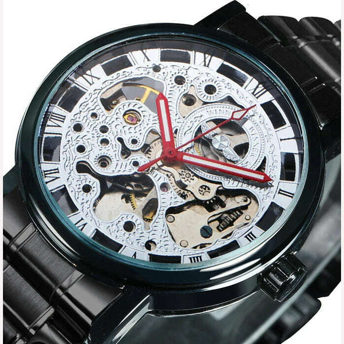 WINNER Official Casual Skeleton Mechanical Watch For Men Steel Strap Roman Number Business Mens Watches Top Brand Luxury Clock - KIMLUD