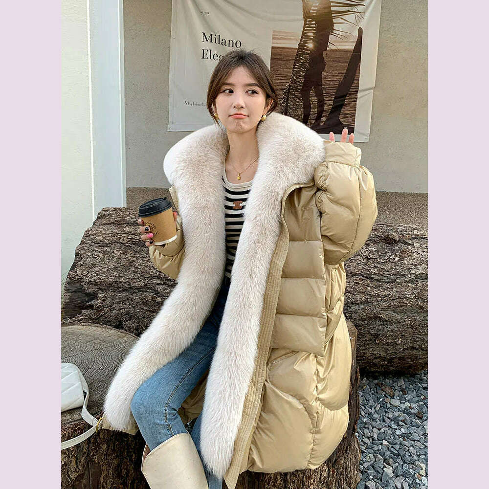 KIMLUD, Winter 90% Goose Down Jacket Natural Fox Fur Collar Long Thick Warm Women Coat Hooded Puffer Jacket Luxury Outwear Female Coat, Khaki / S, KIMLUD APPAREL - Womens Clothes