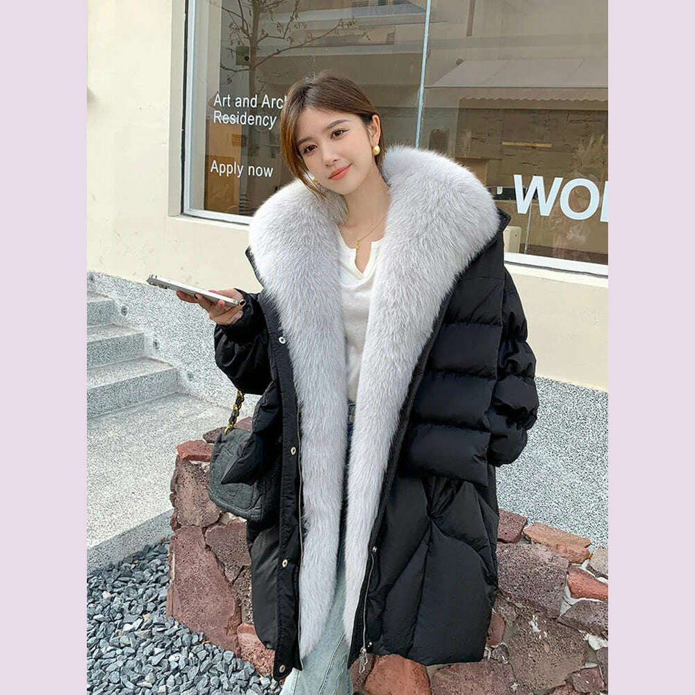 KIMLUD, Winter 90% Goose Down Jacket Natural Fox Fur Collar Long Thick Warm Women Coat Hooded Puffer Jacket Luxury Outwear Female Coat, black / S, KIMLUD APPAREL - Womens Clothes