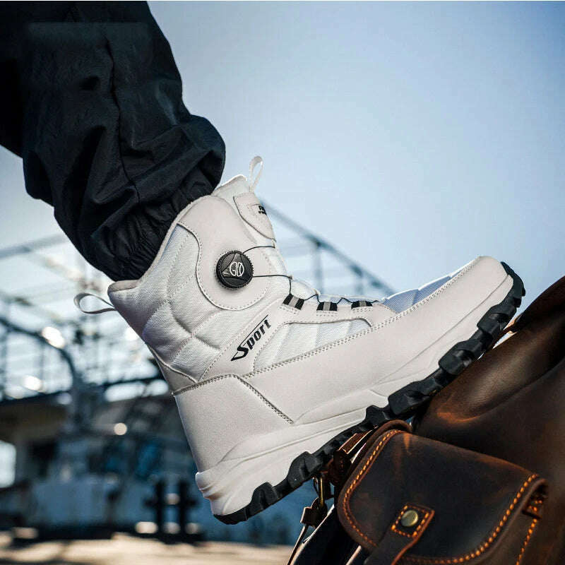 KIMLUD, Winter Boots Men Outdoor Hiking Boots Rotating Button Snow Boots Warm Fur Plush Winter Men Shoes Waterproof Ankle Shoes Male, white / 45, KIMLUD APPAREL - Womens Clothes