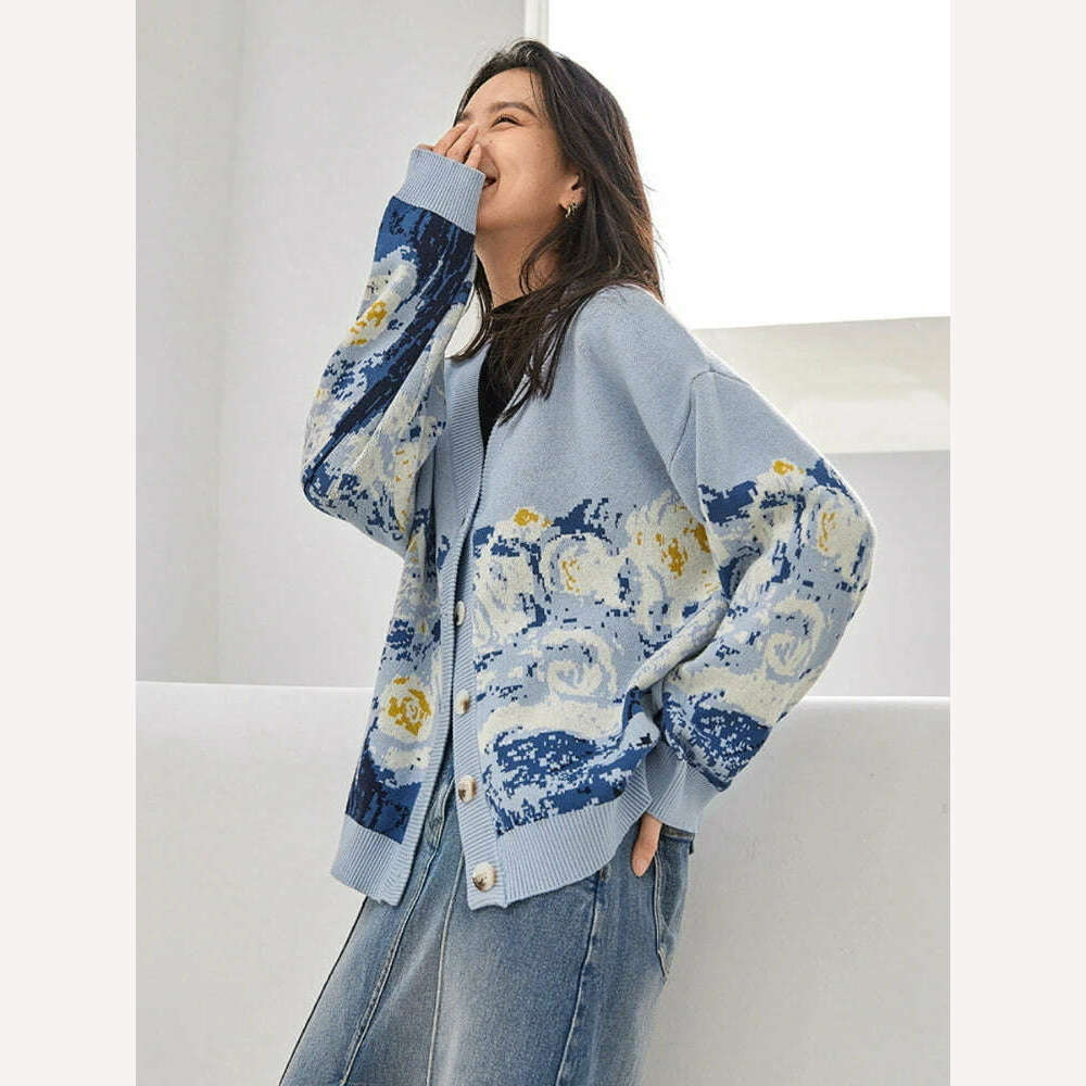 KIMLUD, Winter Cardigan for Women 2023 Designer Knitted Sweater Coat Female New Fashion Printing Thick V-neck Casual Oversize Jumpers, Blue / One Size, KIMLUD APPAREL - Womens Clothes