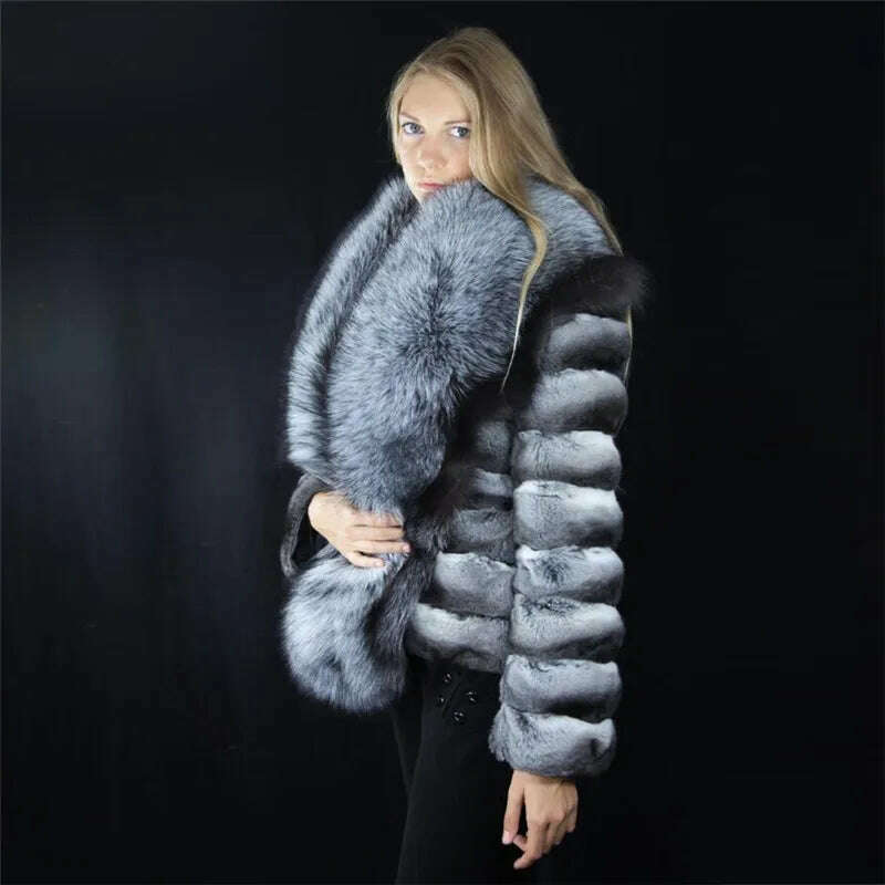 KIMLUD, Winter Coat Women Real Chinchilla Rex Rabbit Fur Jacket With Big Silver Fox Fur Collar Natural Pelt Genuine Rex Rabbit Fur Coats, as picture / S bust 88cm, KIMLUD APPAREL - Womens Clothes