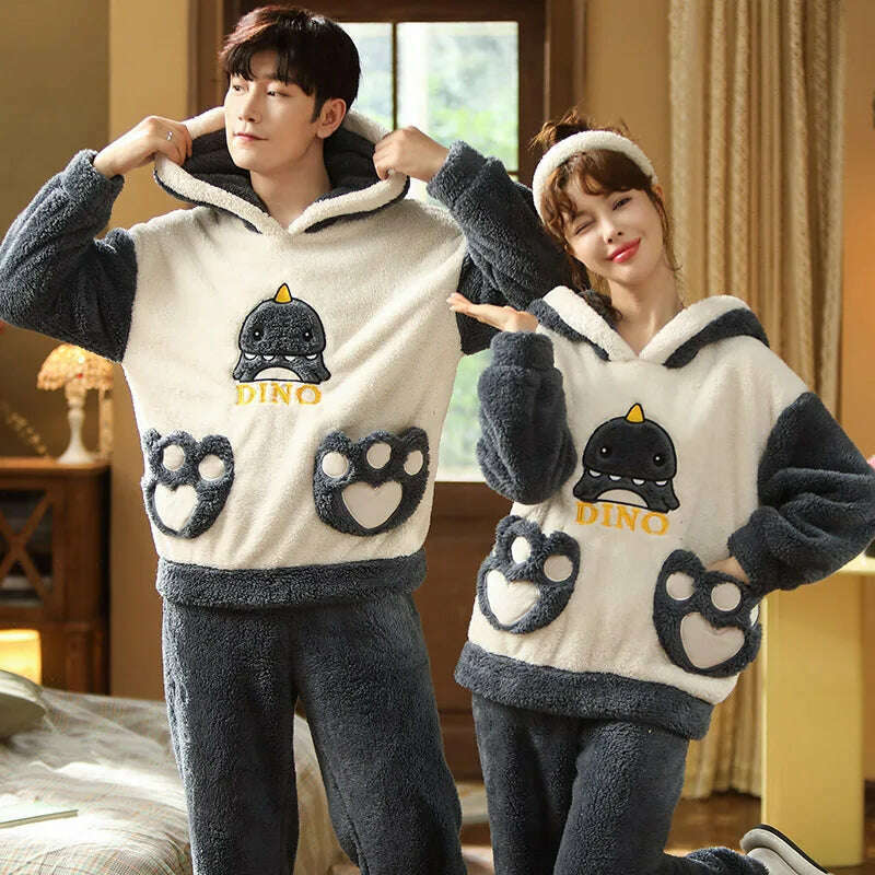 KIMLUD, Winter Couples Pajama Sets Women Men Pyjamas Hoodies Sleepwear Thicken Soft Warm Cartoon Cat Lovely Lovers Pijamas Suit, KIMLUD Womens Clothes