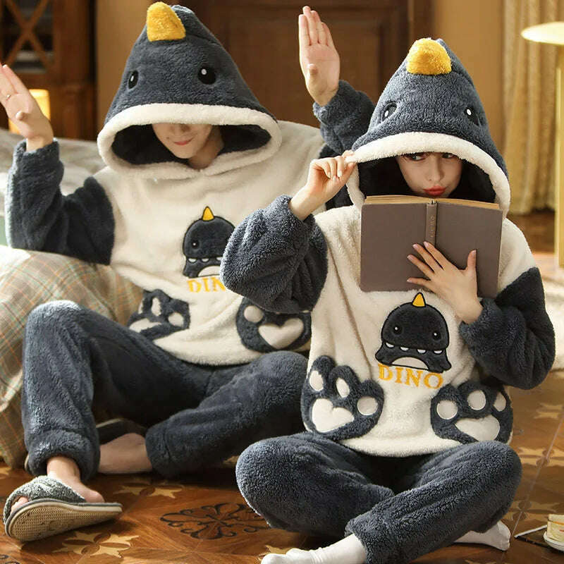 KIMLUD, Winter Couples Pajama Sets Women Men Pyjamas Hoodies Sleepwear Thicken Soft Warm Cartoon Cat Lovely Lovers Pijamas Suit, D / WOMEN-M, KIMLUD APPAREL - Womens Clothes