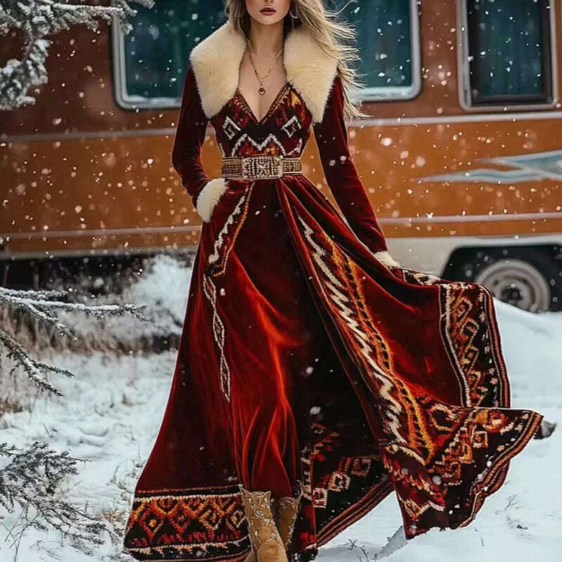 Winter Ethnic Hair Collar Gold Velvet Party Dress Sexy Women Print Feather Bohe Long Dresses Retro High Waist Vacation Dresse - KIMLUD