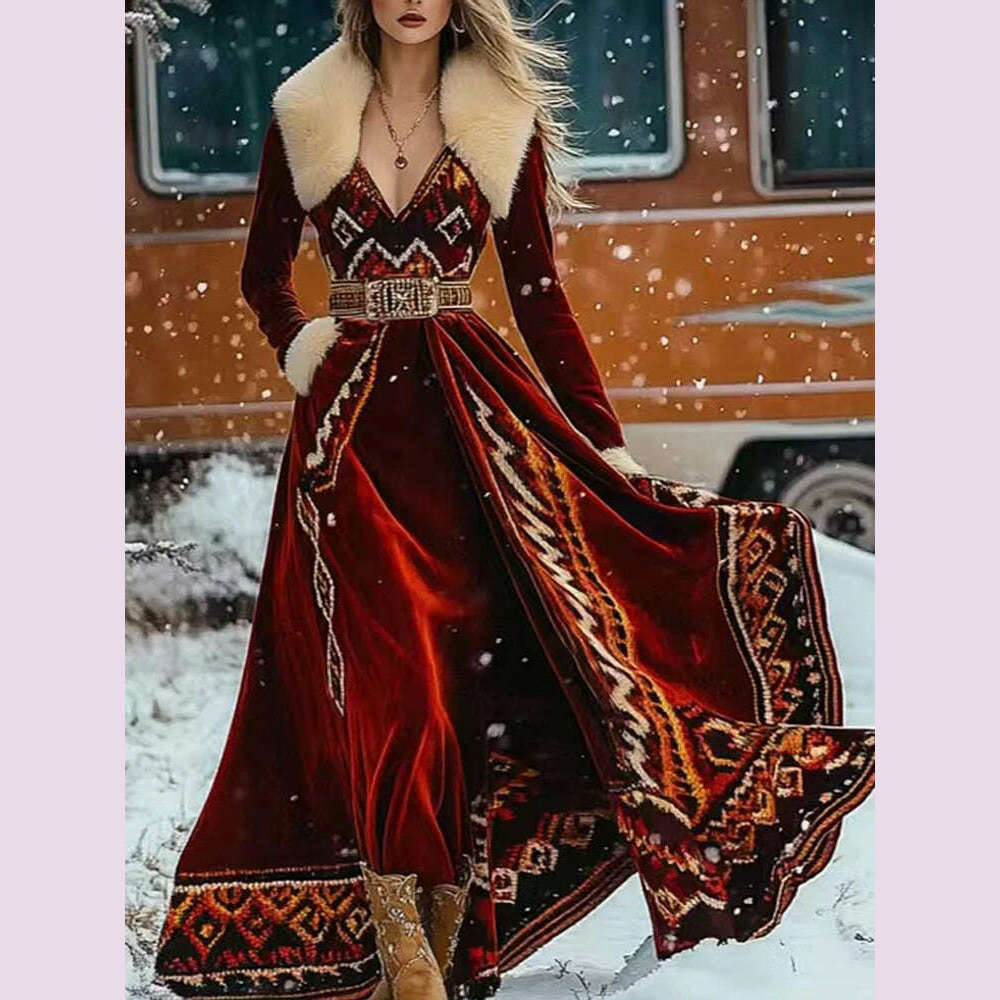 Winter Ethnic Hair Collar Gold Velvet Party Dress Sexy Women Print Feather Bohe Long Dresses Retro High Waist Vacation Dresse - KIMLUD