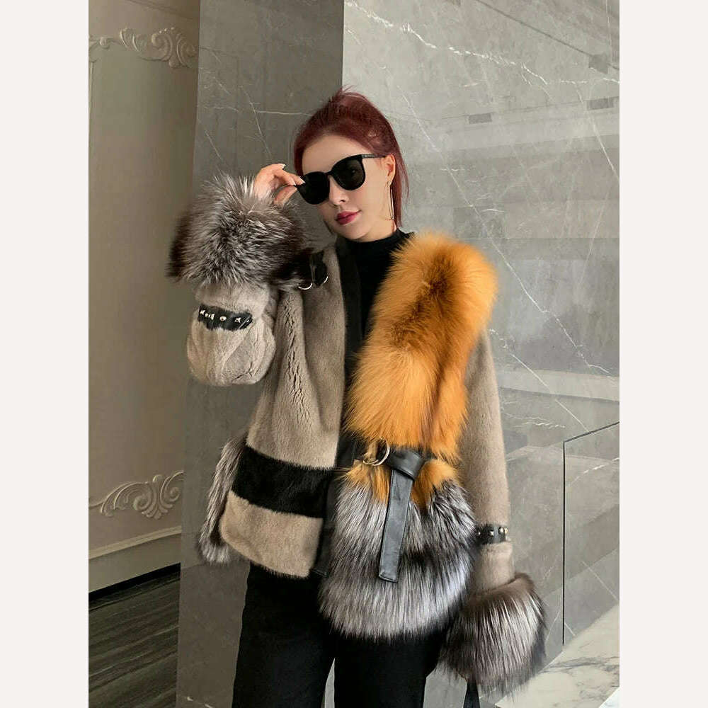 KIMLUD, Winter Fashion Lady Real Mink Fur Coat With Luxury Silver Fox Fur On The Bottom Natural Red Saga Fox Fur Coats, Grey / XS bust 90 cm / CHINA, KIMLUD APPAREL - Womens Clothes