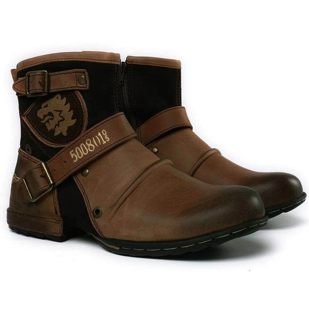 KIMLUD, WInter Fashion Men's Shoes Boots Warm Leather Vintage Motorcycle Male Boots Riding Retro 2023 Metal Style Zippers Men's Shoes, Light brown / 39, KIMLUD APPAREL - Womens Clothes