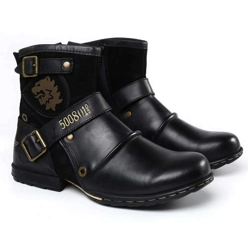 KIMLUD, WInter Fashion Men's Shoes Boots Warm Leather Vintage Motorcycle Male Boots Riding Retro 2023 Metal Style Zippers Men's Shoes, Black / 39, KIMLUD APPAREL - Womens Clothes