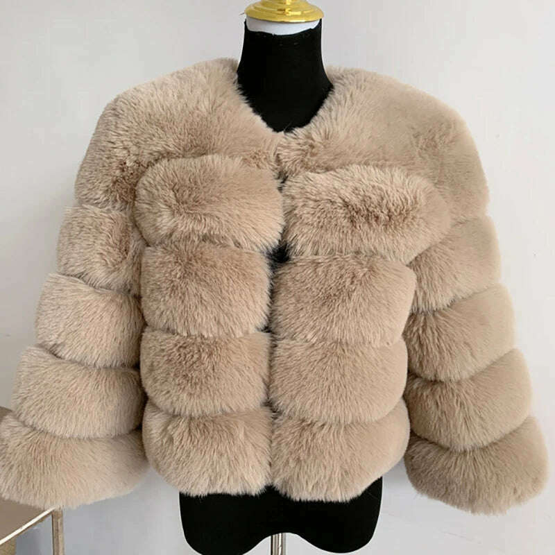 KIMLUD, Winter Faux Fur Coat Jacket Luxury Coat Women Imitation Fur Jacket Thick Warm Ladies Fur Jackets Fashion Fuzzy Plush Coats, Khaki / XL, KIMLUD APPAREL - Womens Clothes