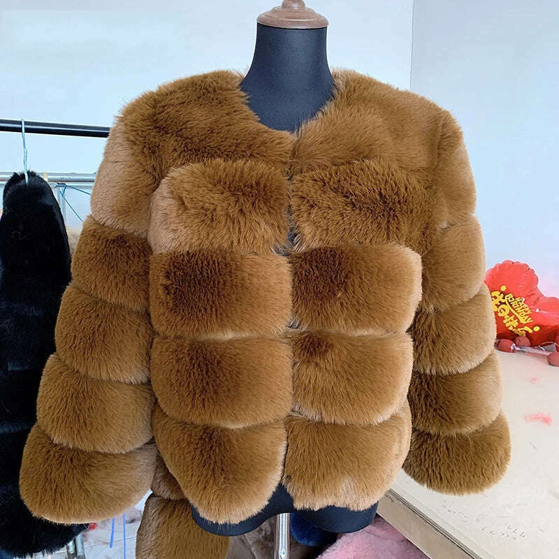 KIMLUD, Winter Faux Fur Coat Jacket Luxury Coat Women Imitation Fur Jacket Thick Warm Ladies Fur Jackets Fashion Fuzzy Plush Coats, Brown / XL, KIMLUD APPAREL - Womens Clothes