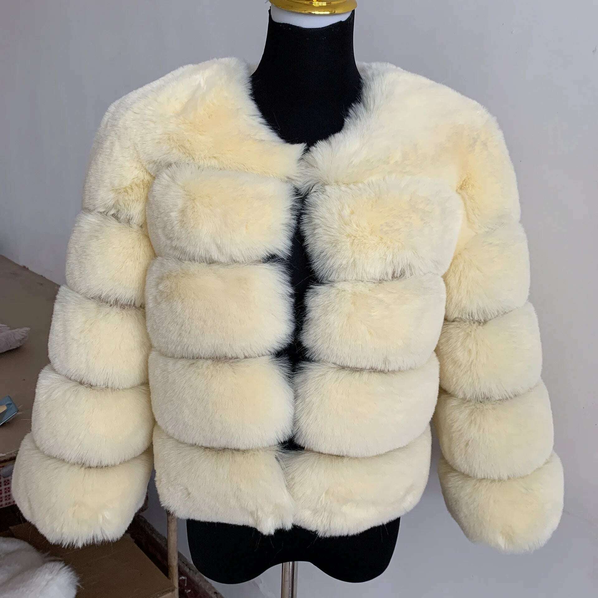 KIMLUD, Winter Faux Fur Coat Jacket Luxury Coat Women Imitation Fur Jacket Thick Warm Ladies Fur Jackets Fashion Fuzzy Plush Coats, Apricot / XL, KIMLUD APPAREL - Womens Clothes