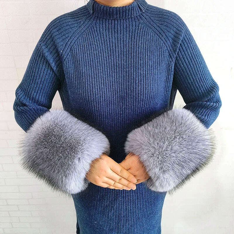 KIMLUD, Winter Faux Fur Collar Cuffs Set Women Fluffy Large Shawl Coat Accessories Warm Fashion Fake Fox Fur Scarf Furry Scarves Female, Grey-cuffs, KIMLUD APPAREL - Womens Clothes