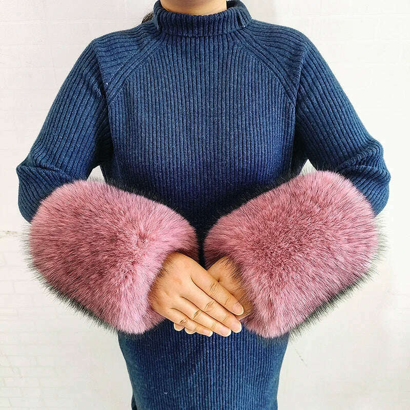 KIMLUD, Winter Faux Fur Collar Cuffs Set Women Fluffy Large Shawl Coat Accessories Warm Fashion Fake Fox Fur Scarf Furry Scarves Female, Dark Pink-cuffs, KIMLUD APPAREL - Womens Clothes