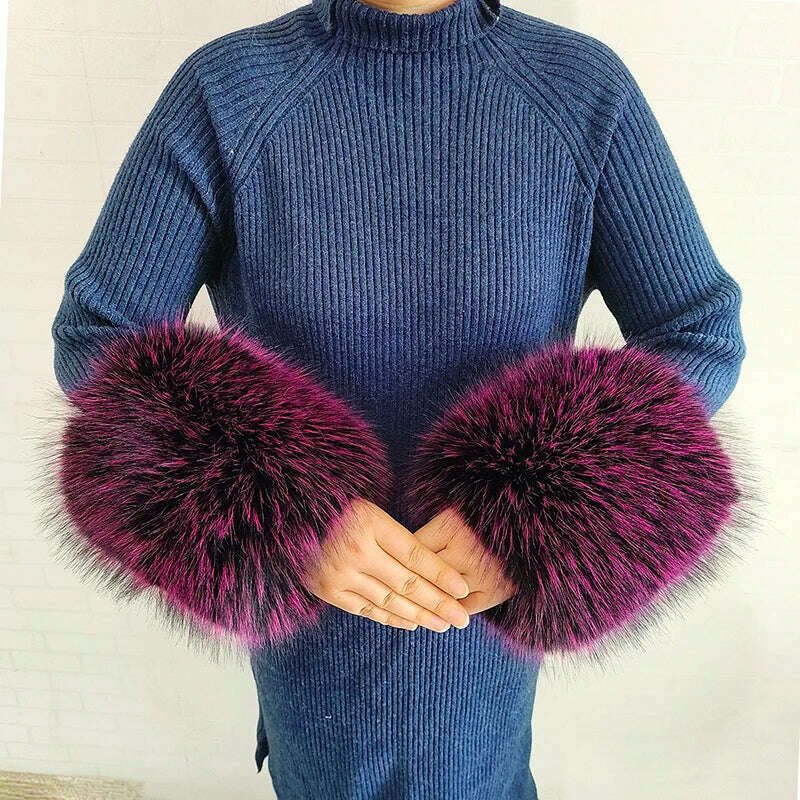 KIMLUD, Winter Faux Fur Collar Cuffs Set Women Fluffy Large Shawl Coat Accessories Warm Fashion Fake Fox Fur Scarf Furry Scarves Female, Purplish red-cuffs, KIMLUD APPAREL - Womens Clothes