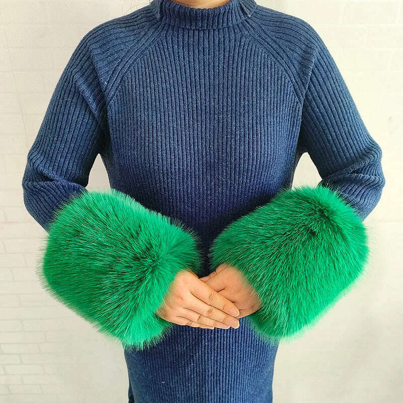 KIMLUD, Winter Faux Fur Collar Cuffs Set Women Fluffy Large Shawl Coat Accessories Warm Fashion Fake Fox Fur Scarf Furry Scarves Female, Grass green-cuffs, KIMLUD APPAREL - Womens Clothes