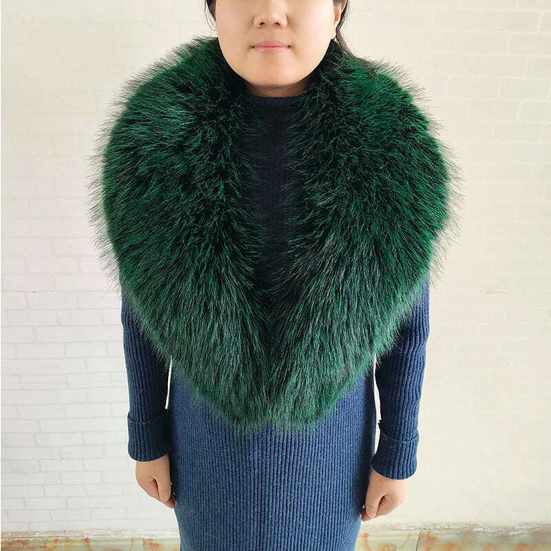 KIMLUD, Winter Faux Fur Collar Cuffs Set Women Fluffy Large Shawl Coat Accessories Warm Fashion Fake Fox Fur Scarf Furry Scarves Female, Green-scarf, KIMLUD APPAREL - Womens Clothes