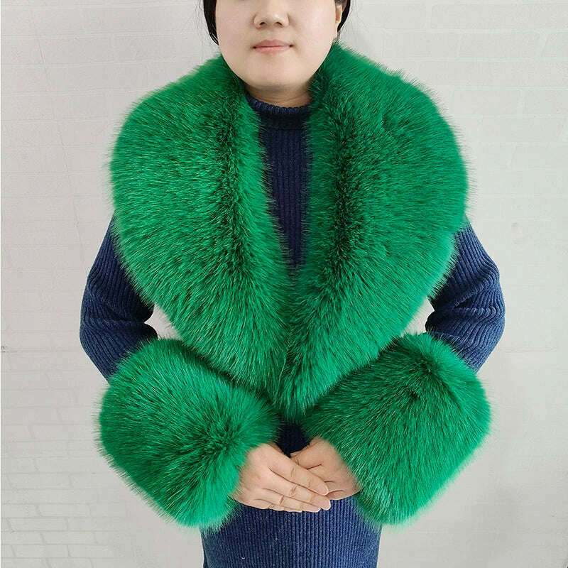 KIMLUD, Winter Faux Fur Collar Cuffs Set Women Fluffy Large Shawl Coat Accessories Warm Fashion Fake Fox Fur Scarf Furry Scarves Female, Grass green-set, KIMLUD APPAREL - Womens Clothes