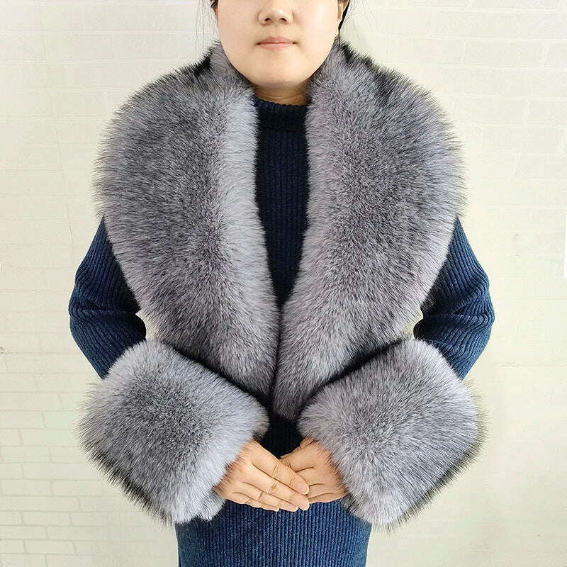 KIMLUD, Winter Faux Fur Collar Cuffs Set Women Fluffy Large Shawl Coat Accessories Warm Fashion Fake Fox Fur Scarf Furry Scarves Female, Grey-set, KIMLUD APPAREL - Womens Clothes