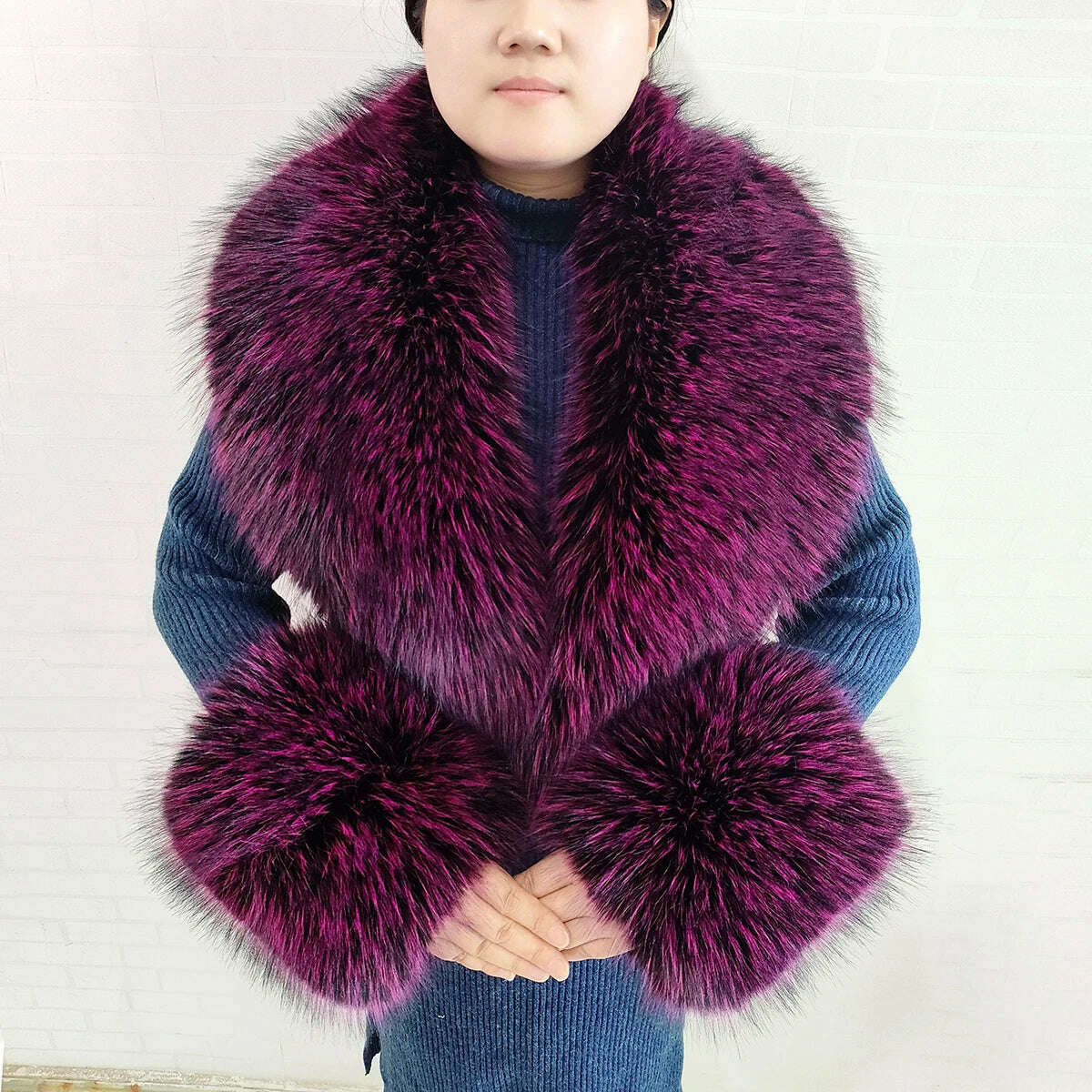 KIMLUD, Winter Faux Fur Collar Cuffs Set Women Fluffy Large Shawl Coat Accessories Warm Fashion Fake Fox Fur Scarf Furry Scarves Female, Purplish red-set, KIMLUD APPAREL - Womens Clothes