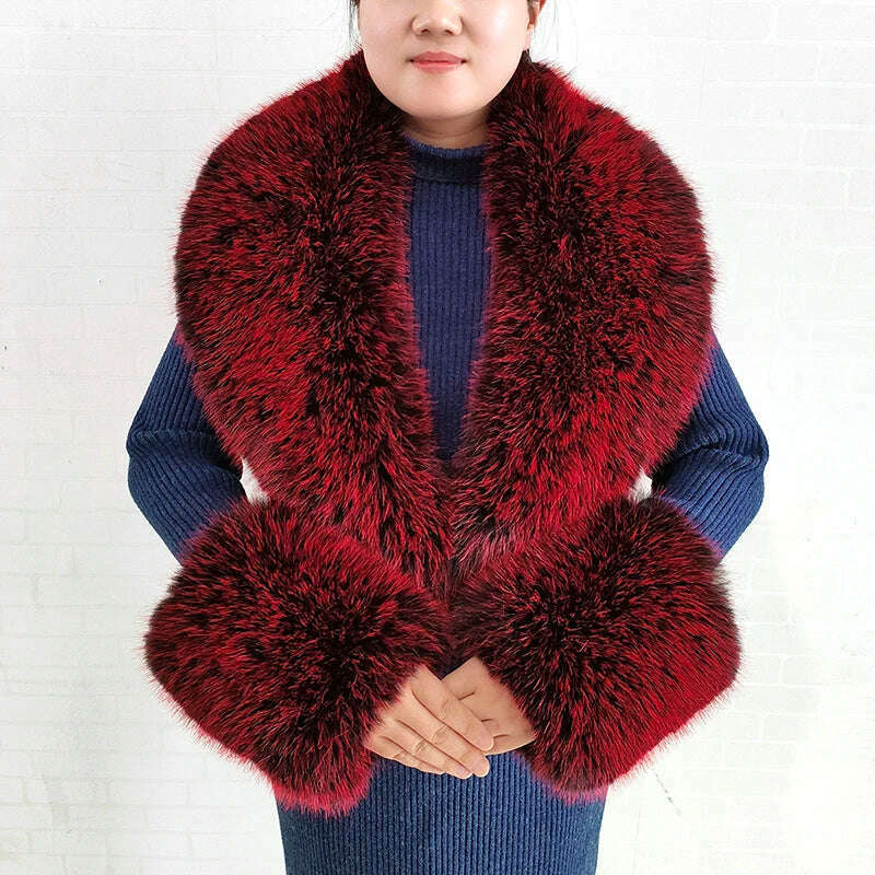 KIMLUD, Winter Faux Fur Collar Cuffs Set Women Fluffy Large Shawl Coat Accessories Warm Fashion Fake Fox Fur Scarf Furry Scarves Female, Red-set, KIMLUD APPAREL - Womens Clothes