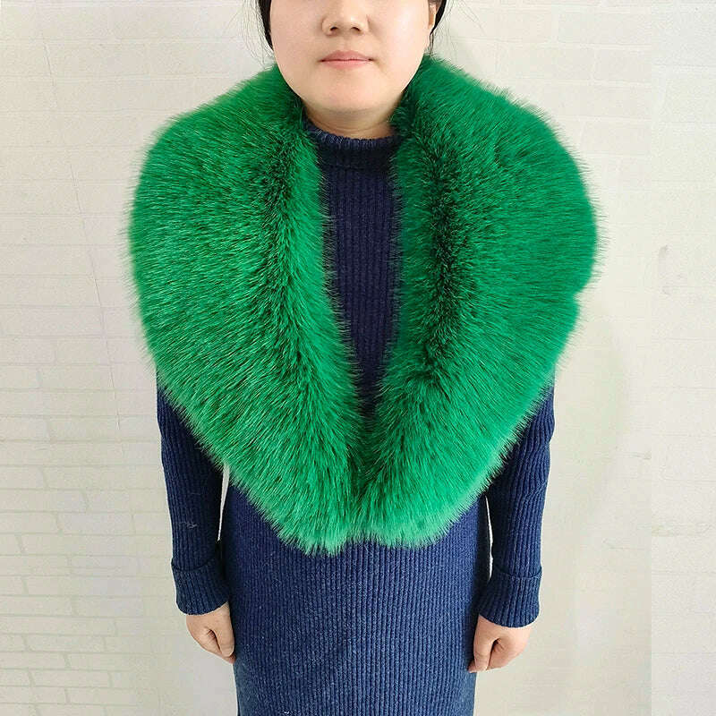 KIMLUD, Winter Faux Fur Collar Cuffs Set Women Fluffy Large Shawl Coat Accessories Warm Fashion Fake Fox Fur Scarf Furry Scarves Female, Grass green-scarf, KIMLUD APPAREL - Womens Clothes